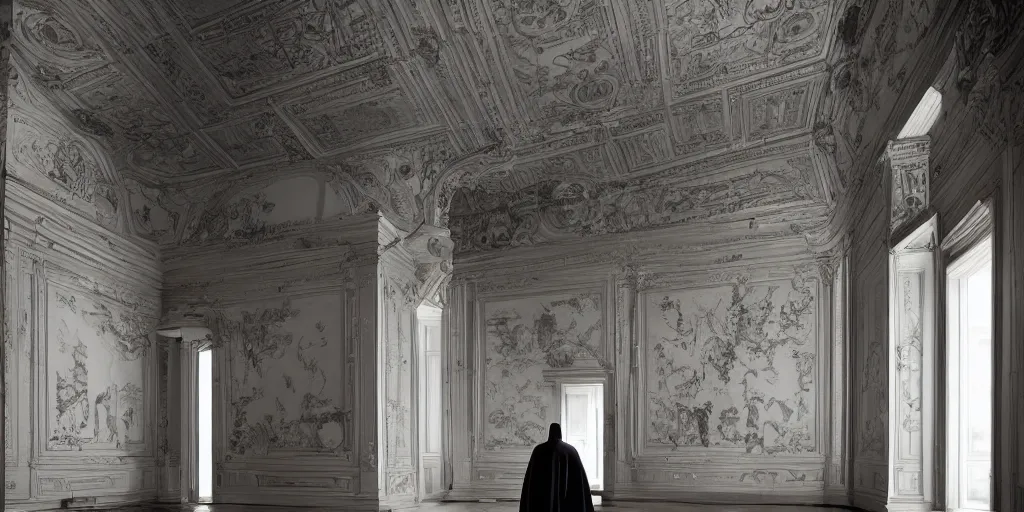 Image similar to Batman standing in giant Italian modern castle living room, clean minimalist design, that is 1300 feet tall, with very tall giant walls filled with modern art paintings, doors that are cosmic portals, photo by Annie Leibovitz