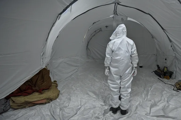 Image similar to man wearing hazmat suit in clean tent. by Roger Deakins