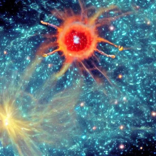 Image similar to millions of crabs flying out from the center of a supernova explosion