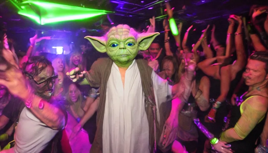 Prompt: Yoda in the nightclub, ibiza, rave