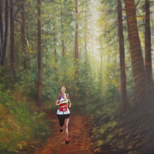 Image similar to a female orienteer runs in the forest, oil on canvas.