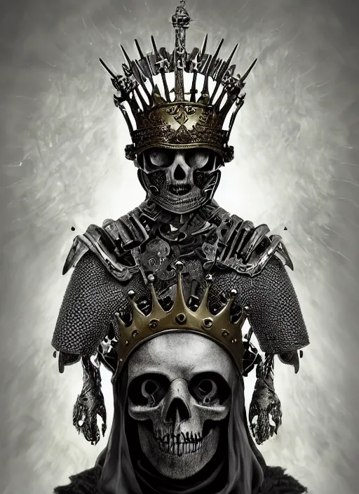 Image similar to portrait of king arthur skull faced knight cyborg with a crown with engravings, game of thrones, dnd, studio portrait against a black background, modern fine art, fractal, intricate, elegant, highly detailed, digital photography, subsurface scattering, in the style of ghost, by jheronimus bosch and yue minjun and giger and greg rutkowski,