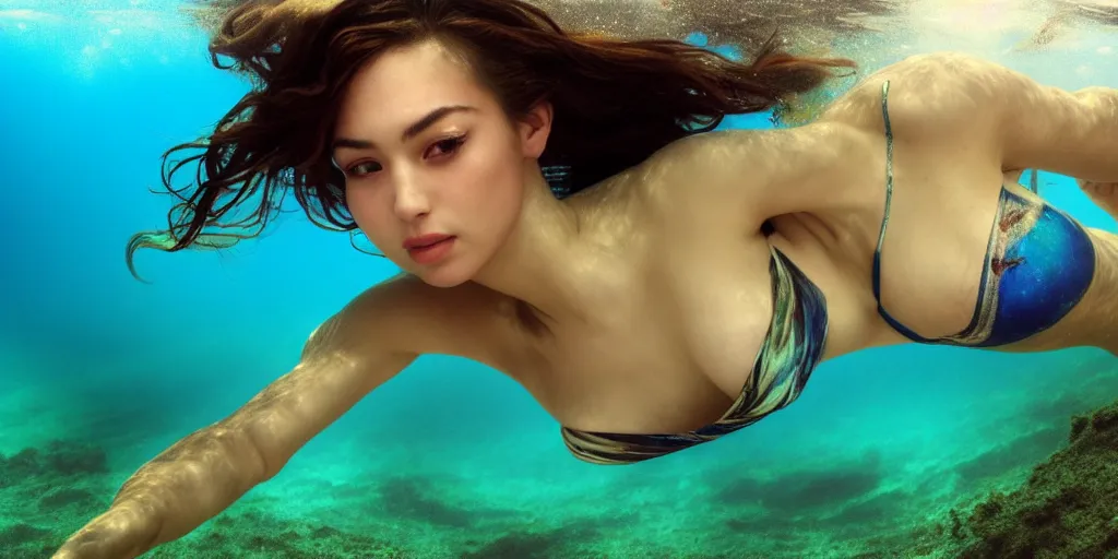 Image similar to underwater photography full body portrait, low angle, from below, of beautiful simple egyptian diver tattooed young hunter pincess swimming underwater, low angle, realistic, 4 k, high quality, masterpiece photography by terry o'neill intricate, elegant, highly detailed, smooth, sharp focus, by artgerm and greg rutkowski and alphonse mucha, 8 k