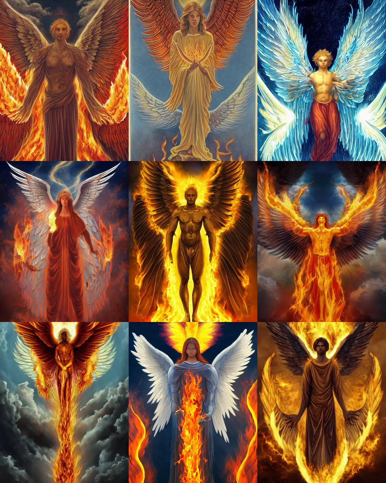 Prompt: angelic fiery male seraphim, male humanoid figure made of fire, wings of fire, halo of fire, body of pure fire, surrounded by flames, descending from the heavens, highly detailed, cinematic, dramatic, sublime, wide angle