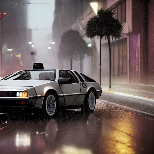 Image similar to hyperdetailed, photorealistic photograph of a dmc 1 2 delorean driving in the streets, rain, night, dense fog, hd, unreal engine 5