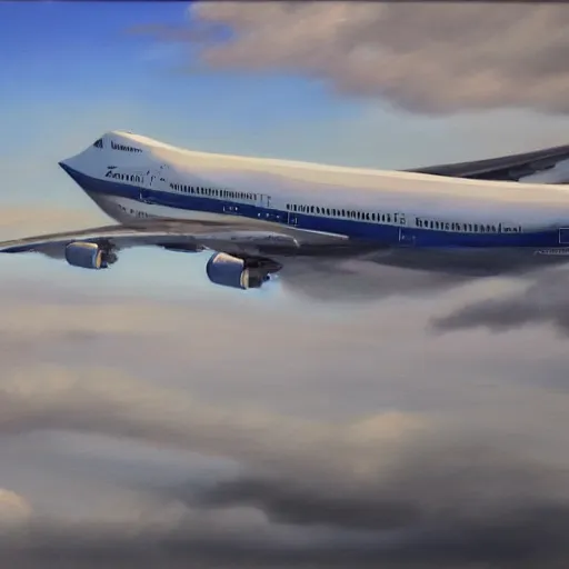 Image similar to boeing 7 4 7 in the clouds, oil painting, realistic, very detailed, 4 k