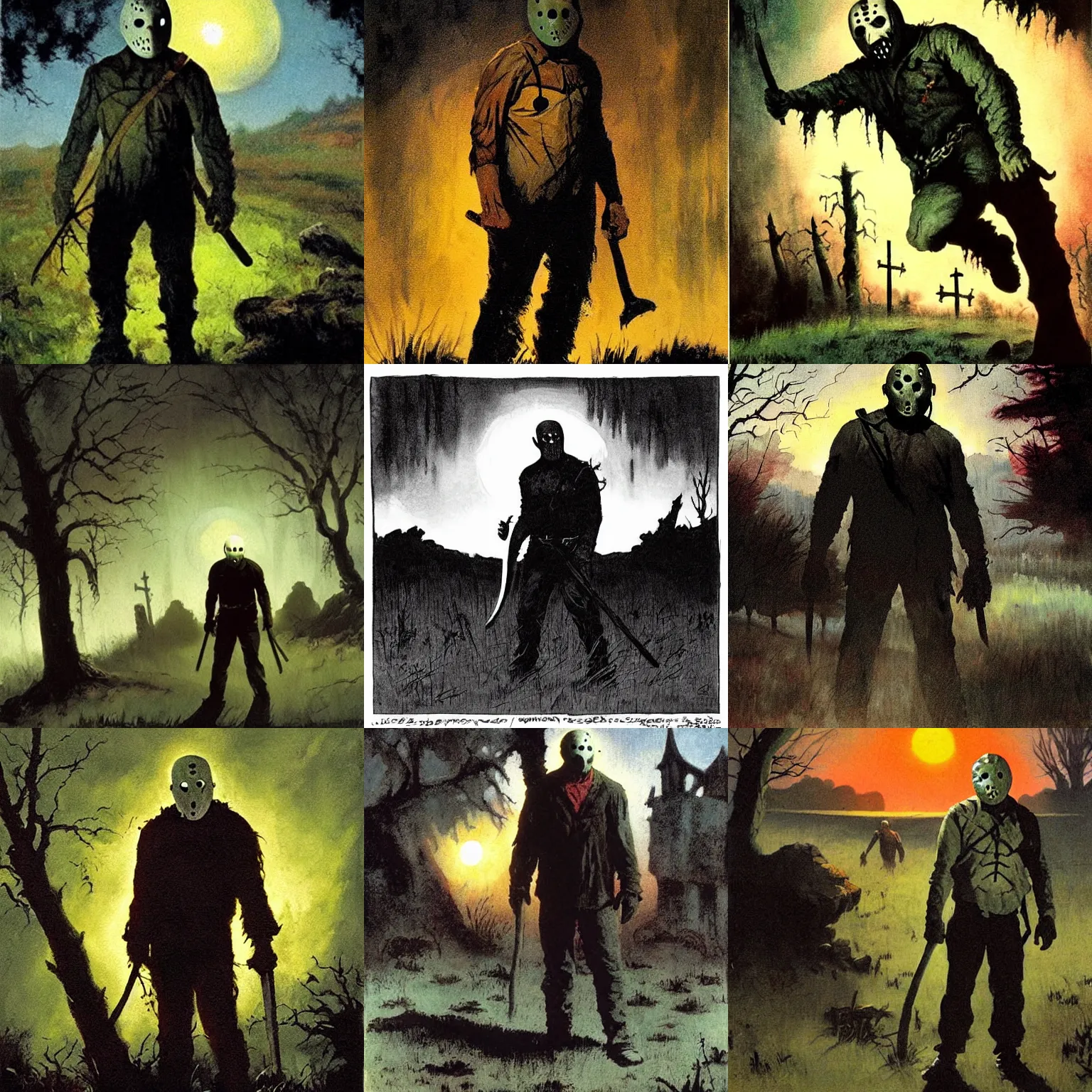 Prompt: jason voorhees in the graveyard, backlight, landscape painting by frazetta