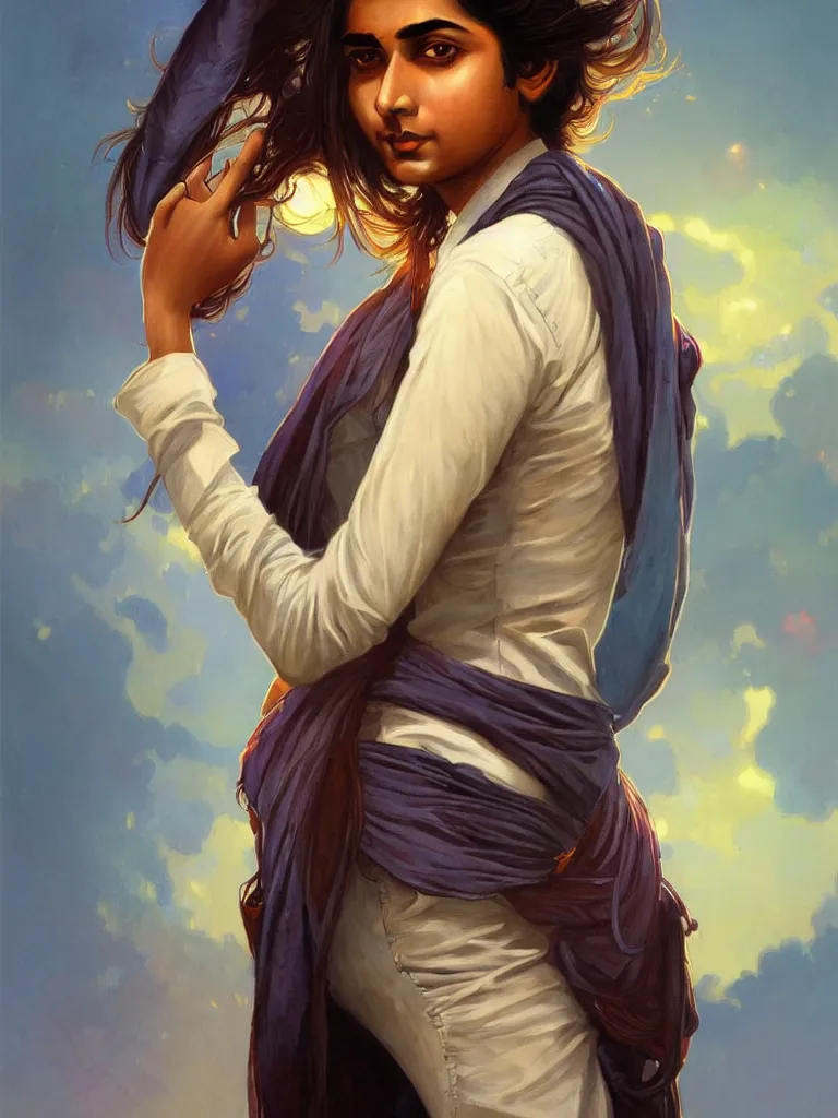 Prompt: Anxious pretty young Indian doctor wearing jeans leaving a plane, portrait, sci-fi face, elegant, highly detailed, digital painting, artstation, concept art, smooth, sharp focus, illustration, art by artgerm and greg rutkowski and alphonse mucha