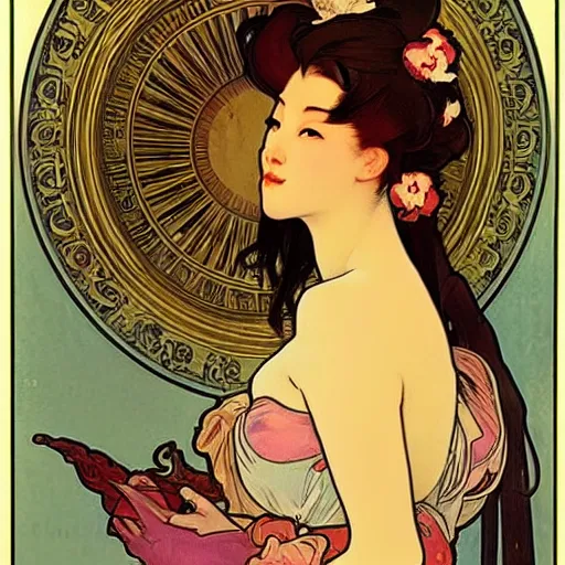 Image similar to beautiful women with oriental faces, character portrait, sharp, art by alphonse maria mucha