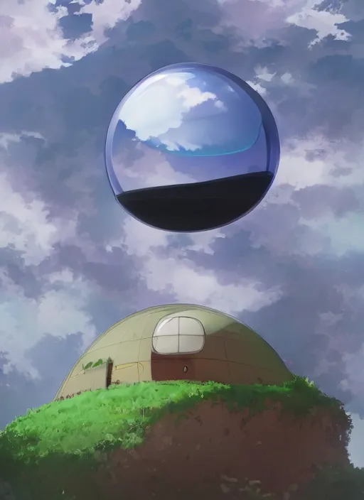 Image similar to an asymmetrical cell - shaded studio ghibli concept art study of a black cube inside a bubble in the sky. wide shot, very dull colors, hd, 4 k, hq