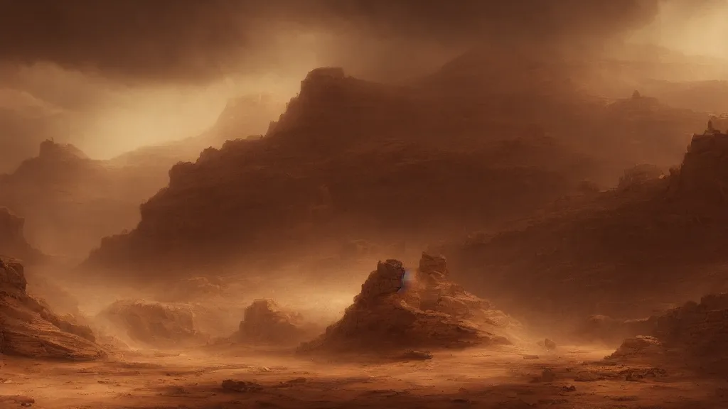 Image similar to canyons of mars during a sandstorm. andreas achenbach, artgerm, mikko lagerstedt, zack snyder 3 8 4 0 x 2 1 6 0