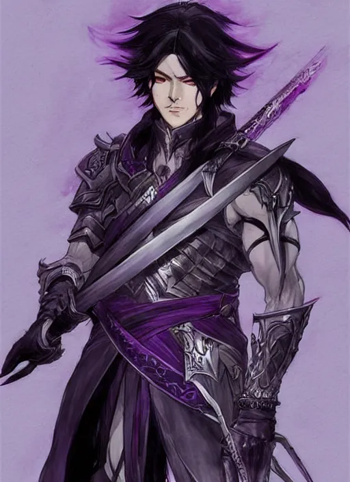 Image similar to Half body portrait of a handsome black haired elven warrior with purple sword. In style of Yoji Shinkawa and Hyung-tae Kim, trending on ArtStation, dark fantasy, great composition, concept art, highly detailed.