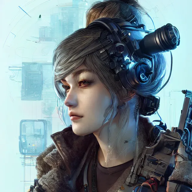 Image similar to the portrait of lawful neutral female cyberpunk infantry sniper as absurdly beautiful, gorgeous, elegant, young woman looking up, an ultrafine hyperdetailed illustration by kim jung gi, irakli nadar, intricate linework, bright colors, octopath traveler, final fantasy, unreal engine 5 highly rendered, global illumination, radiant light, detailed and intricate environment