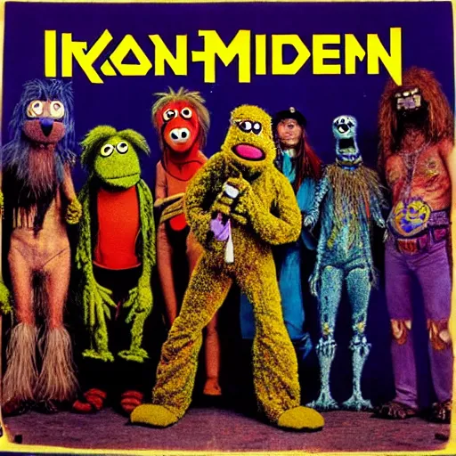 Prompt: animal the muppet on iron maiden album cover, 8 k resolution hyperdetailed scary heavy metal dystopian surrealism