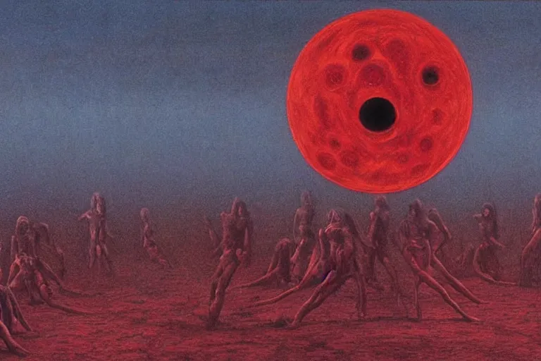 Image similar to 15 people activate behelit in the middle of eclipse, human sacrifice , Old testament angel, dark sky, red cloud, sea of blood, beksinski