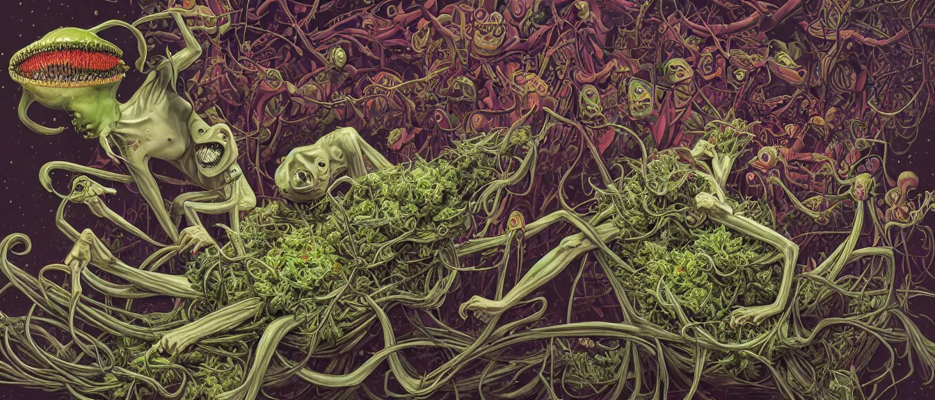 Prompt: cannabis paranoia, nightmare anomalies, event horizon, venus flytrap by dariusz zawadzki, kenneth blom, mental alchemy, james jean, pablo amaringo, naudline pierre, contemporary art, hyper detailed