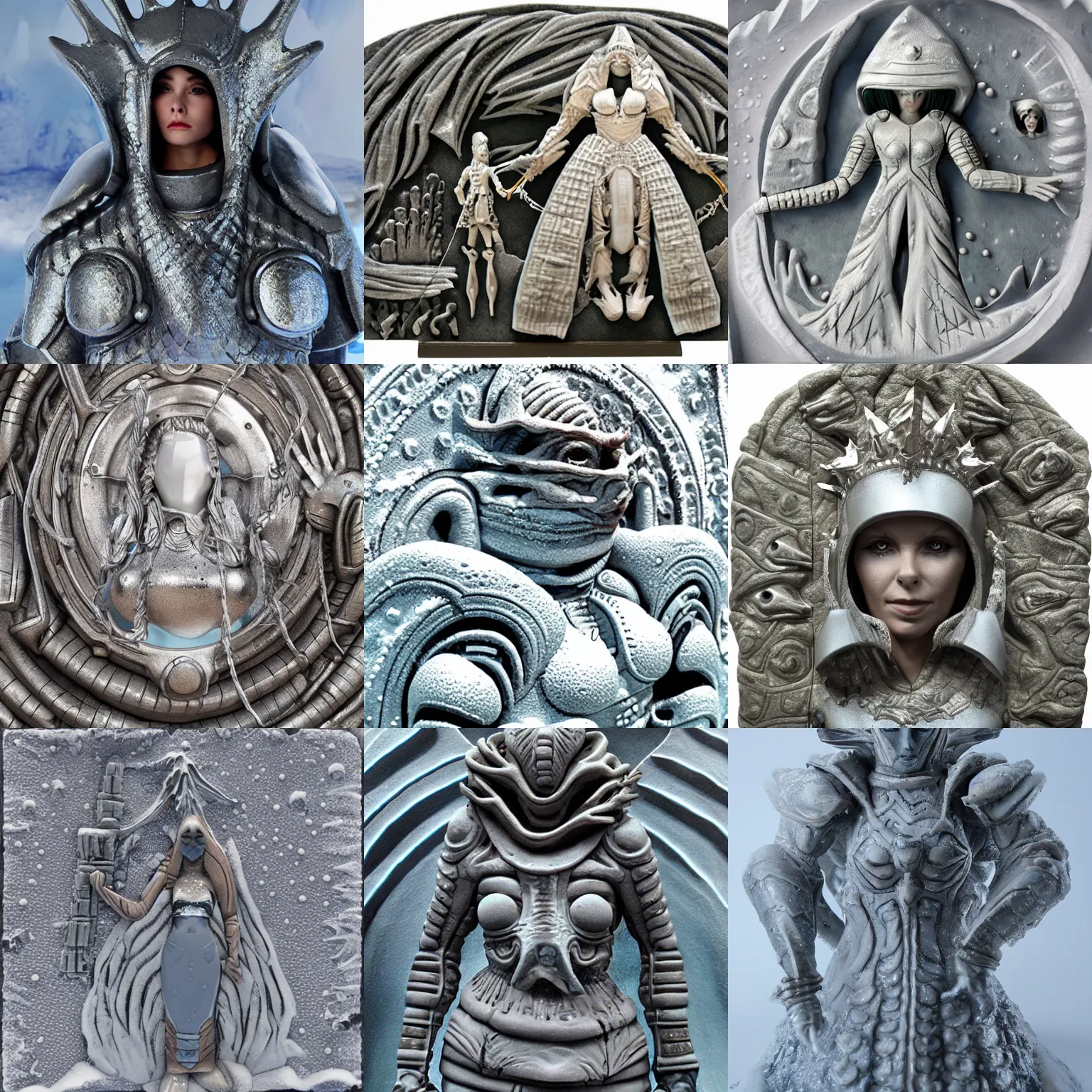 Prompt: snow queen in ancient alien planet sci - fi bathyscaphe armor, high - relief sculpture scene, highly detailed