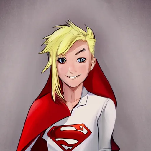 Prompt: !dream blonde super girl, wearing white shirt, red cape, rossdraws art style , smiling