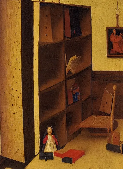 Image similar to bookshelf with children toys, medieval painting by jan van eyck, johannes vermeer, florence