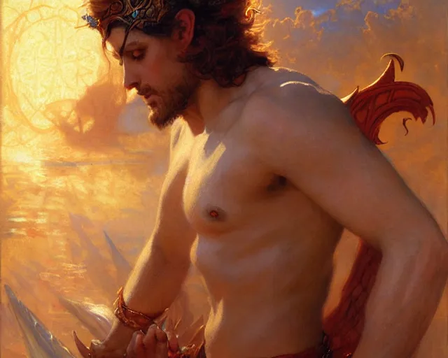 Image similar to attractive pagan male deity, summons handsome lucifer morning star. highly detailed painting by gaston bussiere, craig mullins, j. c. leyendecker 8 k