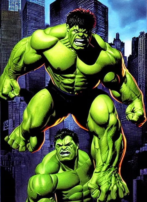 Prompt: a portrait of the incredible hulk looking angry in new york city by joe jusko, simone bianchi and alex ross dramatic lighting.