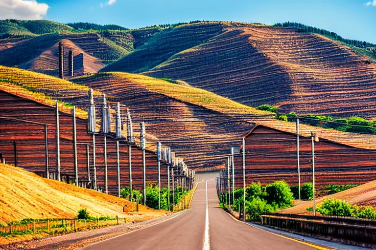 Image similar to looking down road of warehouses. hills background with radio tower on top. telephoto lens compression.