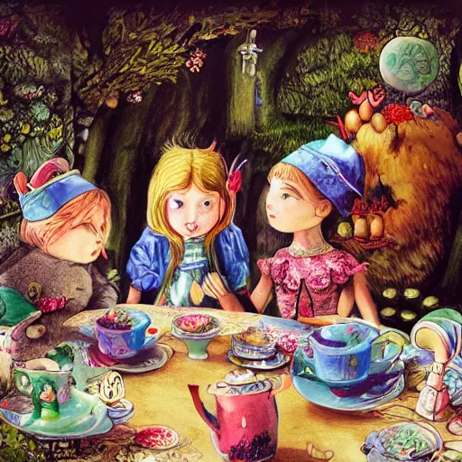 Prompt: A highly detailed and beautiful illustration of an Alice in Wonderland style tea party, with stunningly realistic and sharp focus close up details, by Lulu Chen, for a top-rated and award winning children's book