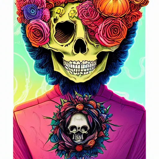 Image similar to ortographic view of a large skull with vivid flower hair by Jen Bartel and Dan Mumford and Satoshi Kon, gouache illustration