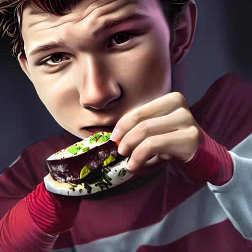 Image similar to tom holland eating spam musubi, digital art, trending on artstation, 8 k, highly detailed