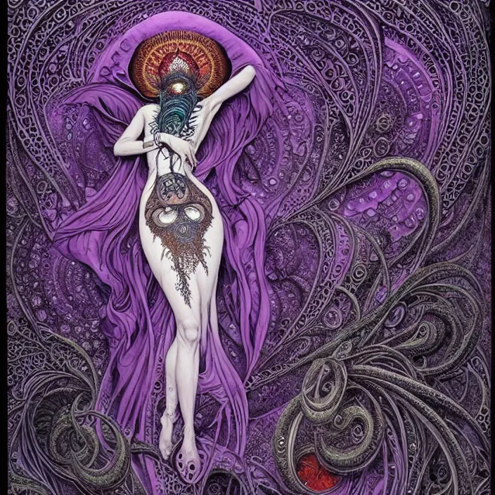 Image similar to depicting a highly detailed beautiful lovecraftian female priestess, in the style of joe fenton, dynamic energetic pose, exuberant organic elegant forms, perfect face, pale skin, by dan hillier : : 1. 4 purple, red, blue, green, black intricate mandala explosions : : intuit art : : turbulent water backdrop : : damask wallpaper : : atmospheric