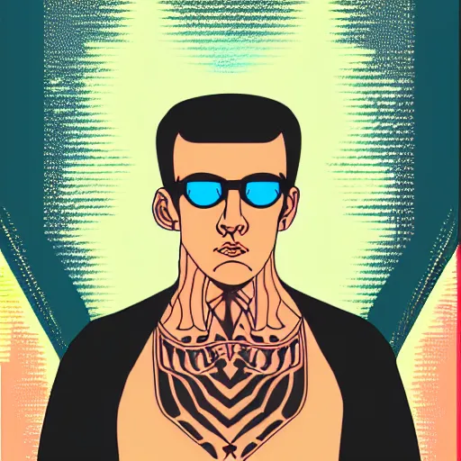 Prompt: a portrait of tattooed the beautiful man, in retro colors, synthwave style, 2 d digital vector art