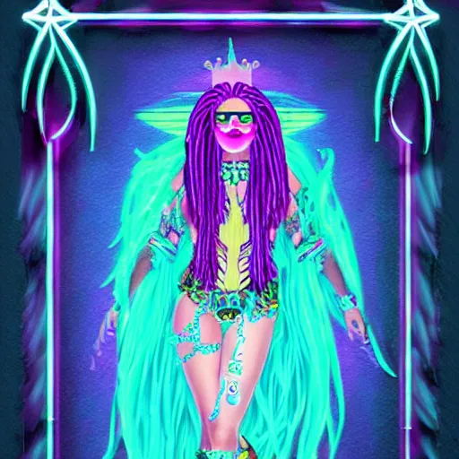 Prompt: princess intergalactica, nautical siren, queen of heaven, techno mystic goddess, with aqua neon dreadlocks, wearing haute couture, star - gate of futurisma,