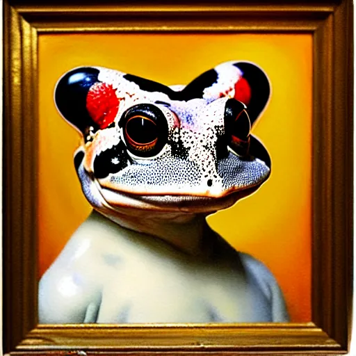 Image similar to a head and shoulders portrait painting of an anthropomorphic!!!!!!!!!! amazon milk frog!!!!!!!!!! wearing a colonial!!!!!!!!!! outfit without a hat looking off camera, a character portrait, romanticism, oil on canvas, visible brushstrokes, intense colors