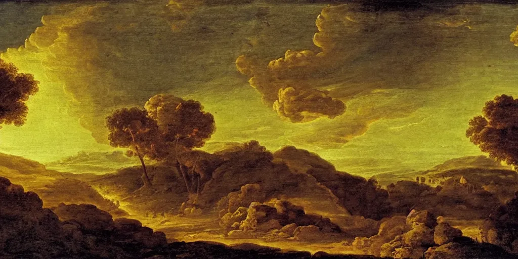 Image similar to where's wally at sunset in an exploding volcano seething, ethereal landscape, claude lorrain pastoral landscape