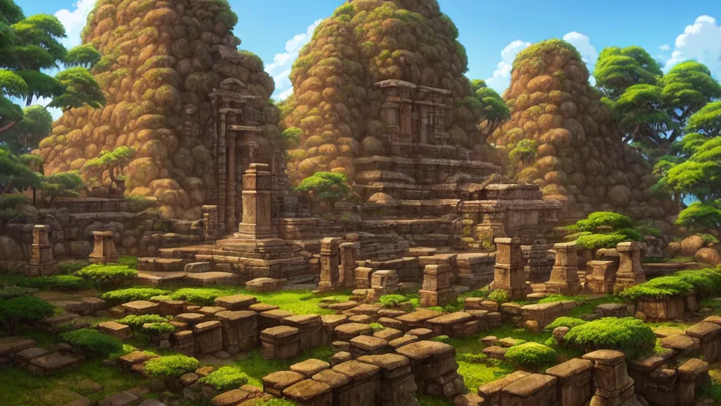 Prompt: ancient temple ruins, studio ghibli, pixar and disney animation, sharp, rendered in unreal engine 5, highly detailed, digital painting, artstation, concept art, smooth, sharp focus, illustration, wide angle, artbook, wallpaper, splash art, promo art, dramatic lighting, art by artgerm and greg rutkowski and bo chen and jin xiaodi