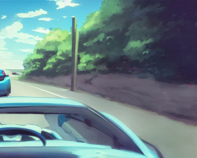 Image similar to a brunnete girl with blue eyes and puffy cheeks driving a car, close up shot from the back of the car, anime art, Greg Rutkowski, studio ghibli, dramatic lighting