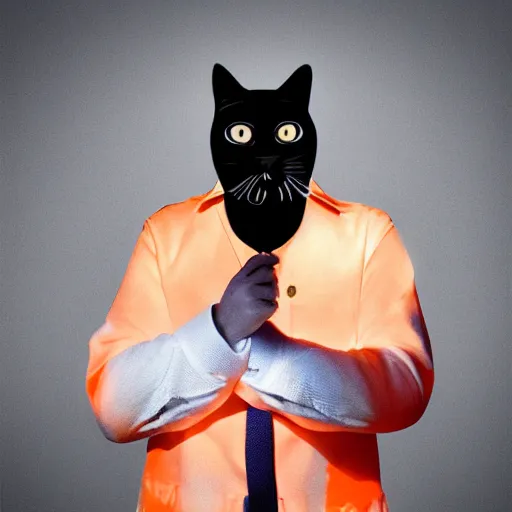 Image similar to high quality photo of a man in a police officer uniform wearing a latex mask of a realistic looking orange/white tabby cat on a dark bg, lit from below by James Jean, natural lighting