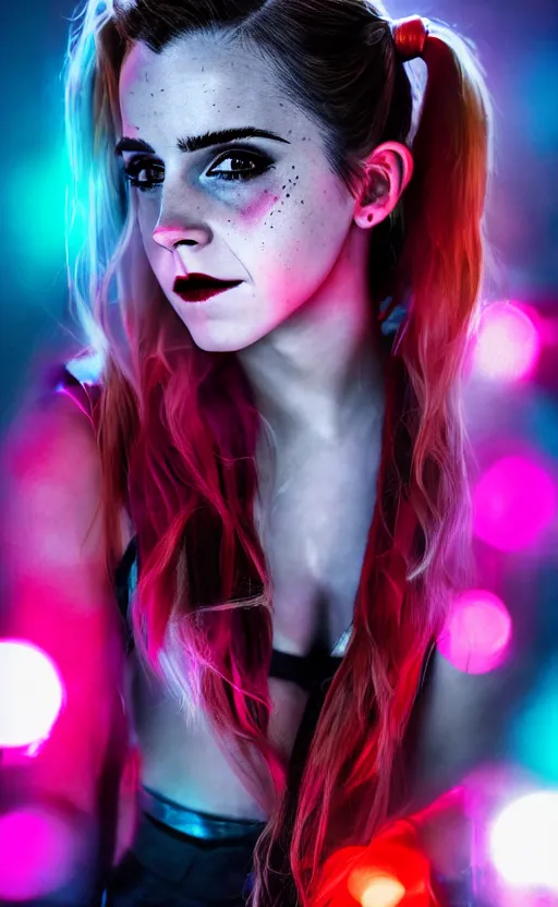 Image similar to Emma Watson as Harley Quinn, glowing, dramatic, cinematic, Sony a7R IV, symmetric balance, polarizing filter, Photolab, Lightroom, 4K, Dolby Vision, Photography Award