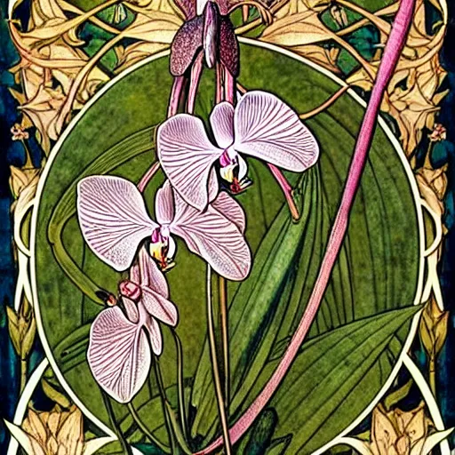 Image similar to orchid mantis by William Morris and Carlos Schwabe, horizontal symmetry, exquisite fine details, baroque ornamentation, Art Nouveau botanicals, deep rich moody colors