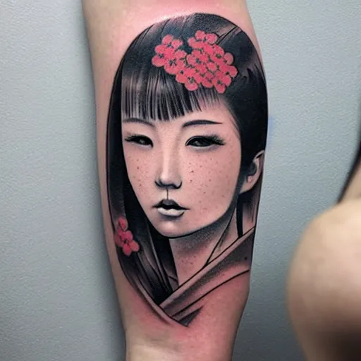 Image similar to tattoo design, stencil, traditional Japanese, beautiful portrait of a girl surrounded by flowers by artgerm, artgerm, digital art