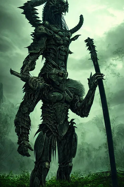 Image similar to post - gothic giant muscular humanoid chimera, exoskeleton armor, holding katana, dystopian ruins covered in vegetation, highly detailed smooth digital art masterpiece, vitaly bulgarov giger dramatic dark teal light, ground angle hd 8 k, sharp focus