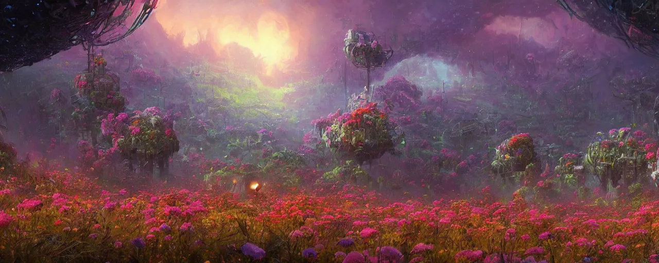 Prompt: ” outer planet overgrown with wild flowers, [ art by paul lehr, cinematic, detailed, epic, widescreen, opening, establishing, mattepainting, photorealistic, realistic textures, octane render ] ”