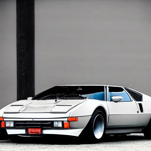 Image similar to detomaso pantera, night, headlights are on, professional photography, vaporwave