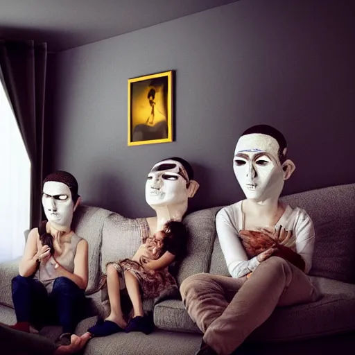 Image similar to family with actor's ceramic masks watching tv, style of paolo roversi, 8 k, sharp focus, soft light, volumetric lighting, highly detailed realistic, refined, artstation