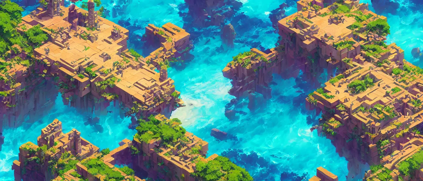 Image similar to isometric aztec ruins on a colorful ocean, unreal engine, fantasy art by greg, loish, rhads, ferdinand knab, makoto shinkai, lois van baarle, ilya kuvshinov, rossdraws, tom bagshaw, global illumination, radiant light, highly detailed and intricate environment, trending onstudio ghibli, octane render, 8 k