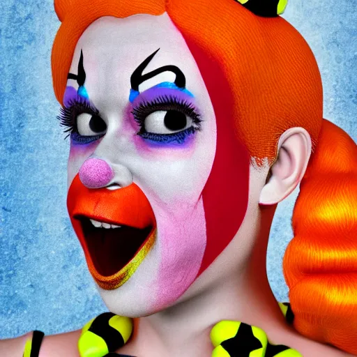 Prompt: female clown girl clowngirl. in the style of. highly realistic