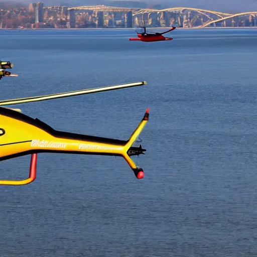 Prompt: photograph of a helicopter taking off over the hudson river HD 4k
