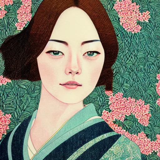 Image similar to “ emma stone portrait by ikenaga yasunari, drawing, realistic, sharp focus, japanese, dreamy, nostalgia, faded, golden hues, floral clothes, ”