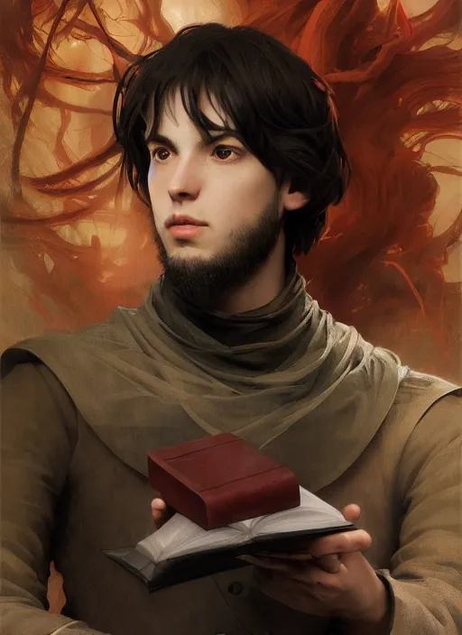 Image similar to character concept portrait of an attractive young focused Spanish wizard with pale red skin enchanting an arousal spell, a floating iridescent spell book in the center, intricate, elegant, digital painting, concept art, smooth, sharp focus, illustration, from Metal Gear, by Ruan Jia and Mandy Jurgens and William-Adolphe Bouguereau, Artgerm