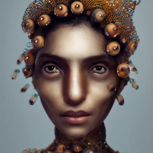 Image similar to a close - up shot of a brown woman wearing a luminous armor made of jelly fishes. soft lighting. fragile. haunting eyes!! coherent face!! no makeup!! muted colors. by ray caesar. by louise dahl - wolfe. by andrea kowch. surreal photography
